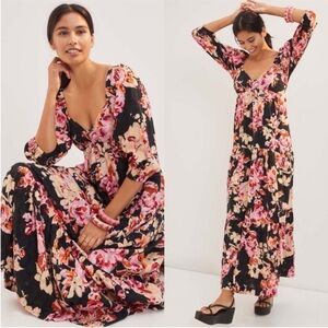 NWT Anthropologie Black Floral Blossom Maxi V-Neck Balloon Sleeve Dress Size M